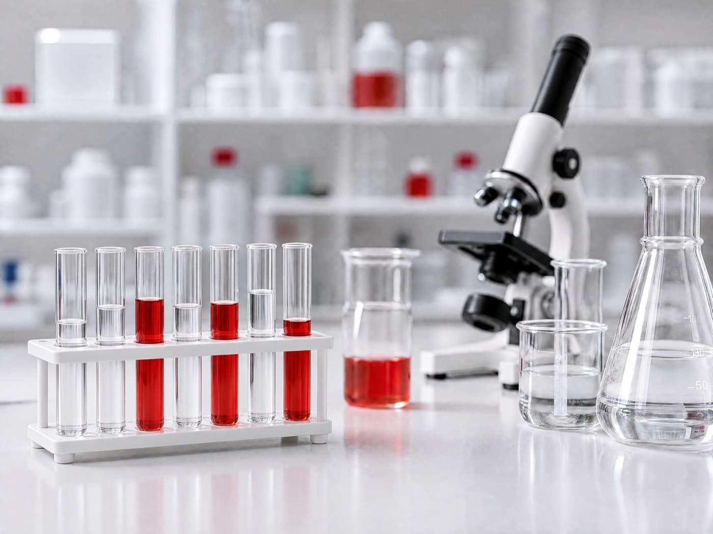 Laboratory bench with a rack of sample tubes, a microscope and glass flasks