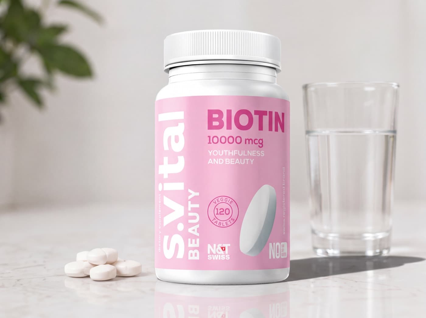 A dietary-supplement bottle beside loose tablets and a glass of water