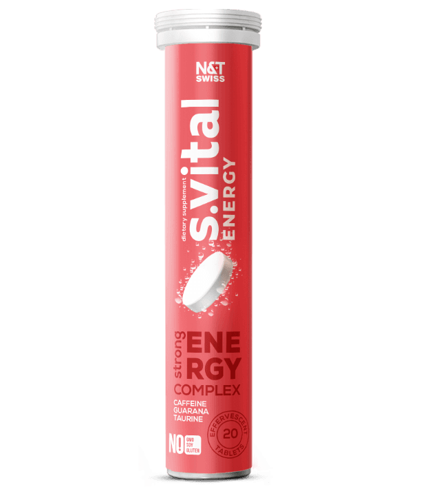 Energy complex: Caffeine 100 mg, Guarana 50 mg, Taurine 200 mg, Vit. B6 2 mg, Vit. B12 10 mcg — N&T Swiss product photo