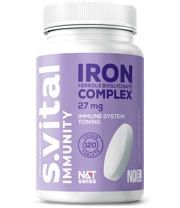 Iron (Ferrous Bisglycinate) 27 mg Complex (10 mg Zinc, 2,5 mcg Vit. B12, 1,8 mg Vit. B6, 500 mcg Copper, 400 mcg Folic Acid) — N&T Swiss product photo