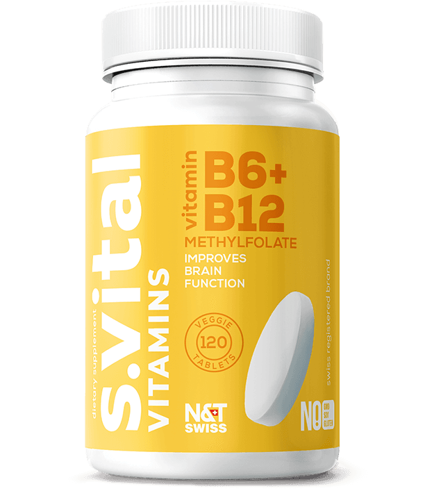 Vitamin B6 1,5 mg (Pyridoxal 5-phosphate) + Methylfolate 400 mcg + B12 1000 mcg (Methylcobalamin) — N&T Swiss product photo